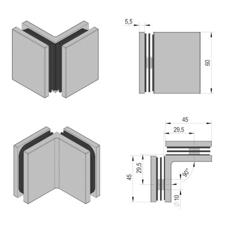 Prime Glass Bracket to Join Shower Screens at 90 degree