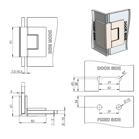 Glass-to-Glass 90 Door Hinge with Snap-on Cover & Concealed Screws, Angle Adjustable