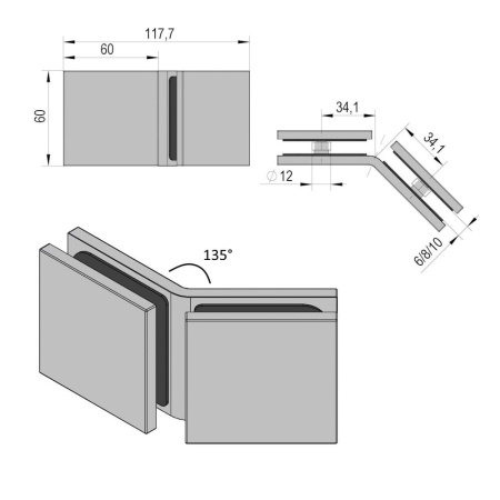 Prime Glass  Bracket to Joint Shower Screens at 135 Degree