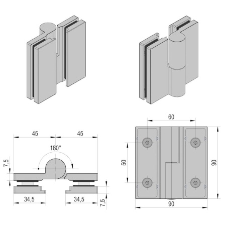 Rising Shower Door Hinge - 180 Glass to Glass