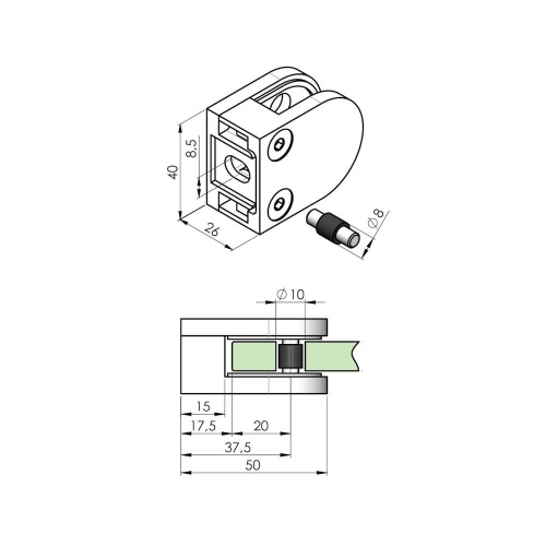 Small 'D' Shaped Glass Clamp with Flat Base - Interior Use